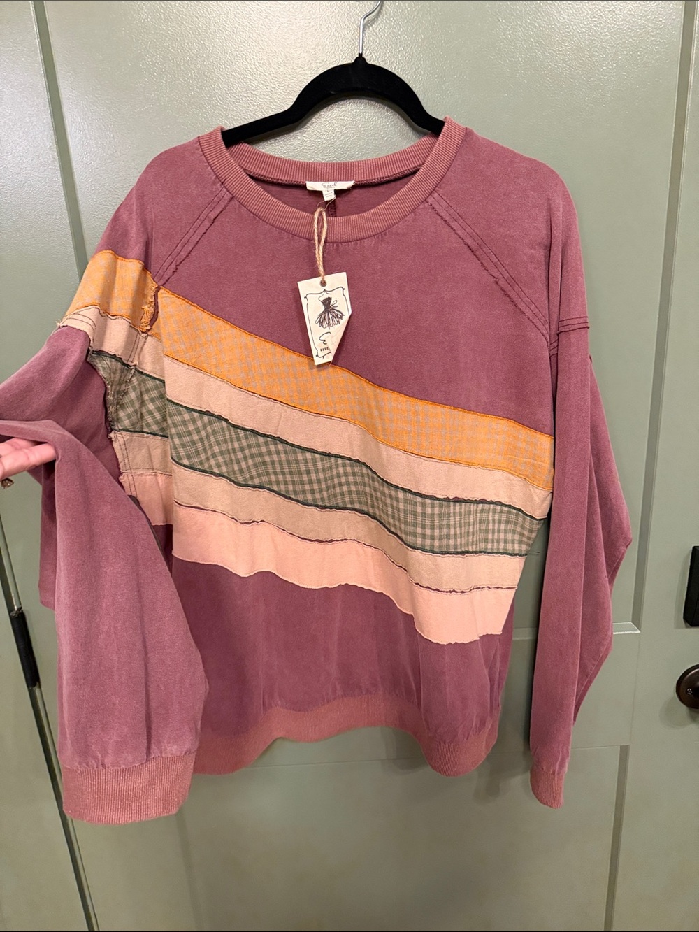easel Mauve Crewneck pullover with Pink, Yellow & Green Patch Stripes